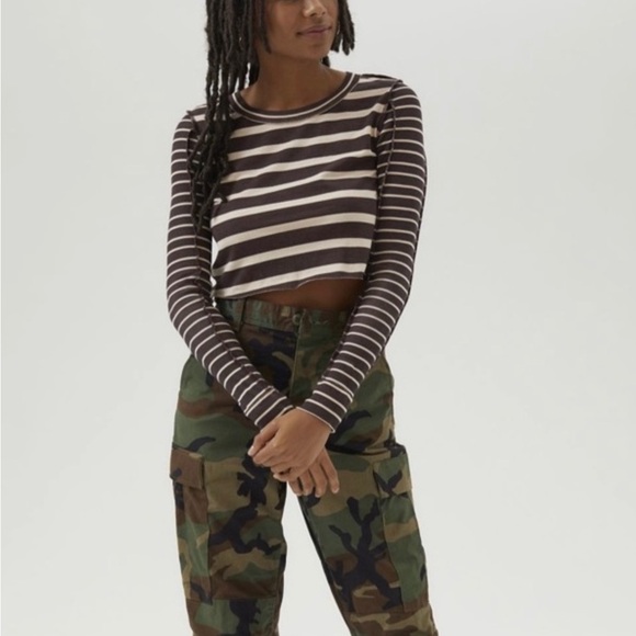 BDG Tops - Urban outfitters, BDG Brown & Cream Striped Cropped Long-Sleeve Top